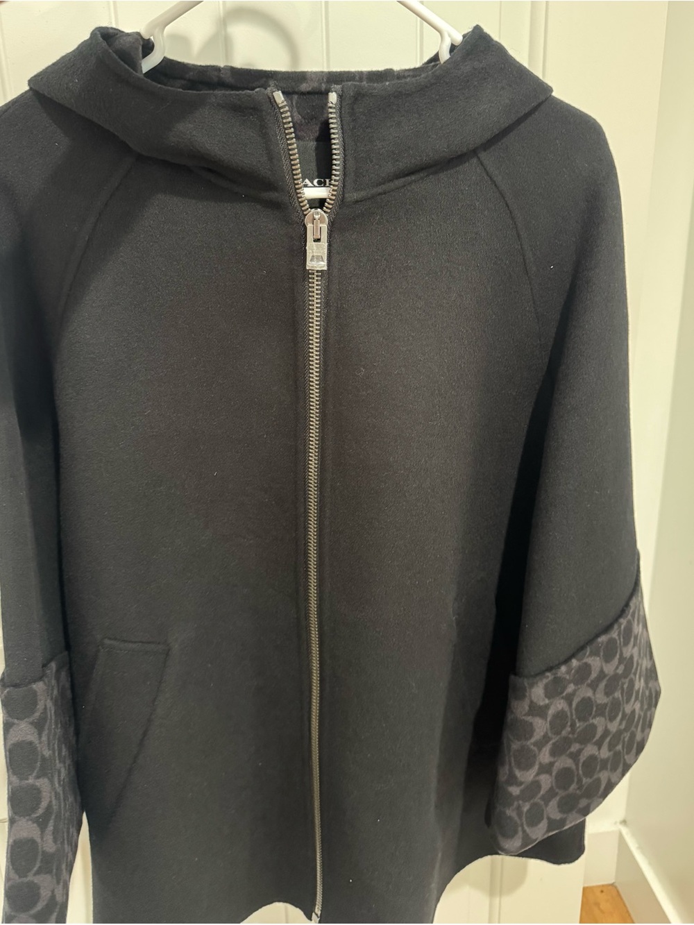 Coach Black Hooded Zip Jacket with Signature Cuff Print